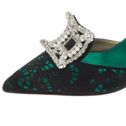 Manolo Blahnik Green Satin and Lace Borli Crystal Embellished Mules Size 38.5