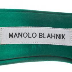 Manolo Blahnik Green Satin and Lace Borli Crystal Embellished Mules Size 38.5