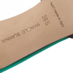 Manolo Blahnik Green Satin and Lace Borli Crystal Embellished Mules Size 38.5