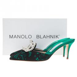 Manolo Blahnik Green Satin and Lace Borli Crystal Embellished Mules Size 38.5