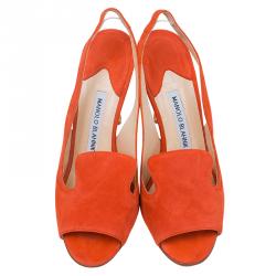 Pre Owned صندل مانولو بلانيك بفتحة كعب سويدي برتقالي مقاس 36.5