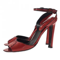 Pre Owned Manolo Blahnik Red Patent Leather Ankle Strap Sandals Size 37.5