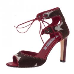 Pre Owned Manolo Blahnik Red and Brown Pony Hair Lace-Up Sandals Size 37