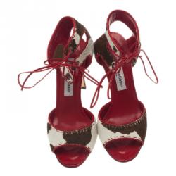 Pre Owned Manolo Blahnik Red and Brown Pony Hair Lace-Up Sandals Size 37