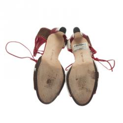 Pre Owned Manolo Blahnik Red and Brown Pony Hair Lace-Up Sandals Size 37