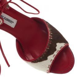Pre Owned Manolo Blahnik Red and Brown Pony Hair Lace-Up Sandals Size 37