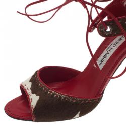 Pre Owned Manolo Blahnik Red and Brown Pony Hair Lace-Up Sandals Size 37