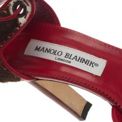Pre Owned Manolo Blahnik Red and Brown Pony Hair Lace-Up Sandals Size 37