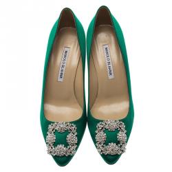 Pre Owned حذاء كعب عالي مانولو بلانيك هانغيسي ساتان أخضر مزخرف مقاس 37.5