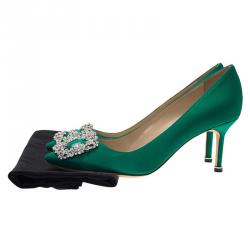 Pre Owned حذاء كعب عالي مانولو بلانيك هانغيسي ساتان أخضر مزخرف مقاس 37.5