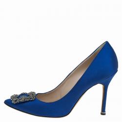 Pre Owned حذاء كعب عالي مانولو بلانيك هانغيسي ساتان مرصع أزرق مقاس 39