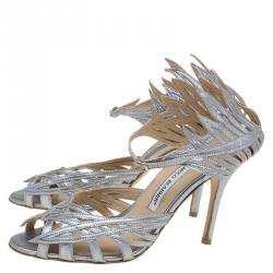 مملوكة مسبقًا Manolo Blahnik Metallic Silver Strappy Sandals Size 37