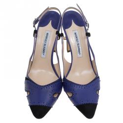 مملوكة مسبقًا صندل مانولو بلانيك باري سبيكتاتور جلد أزرق ومقدمة سويدي أسود بفتحة كعب مقاس 39.5