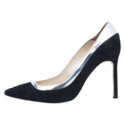 مملوكة مسبقًا حذاء كعب عالي مانولو بلانيك سويدي أسود و جلد ميتاليك BB مقدمة مدببة مقاس 36