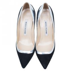 مملوكة مسبقًا حذاء كعب عالي مانولو بلانيك سويدي أسود و جلد ميتاليك BB مقدمة مدببة مقاس 36