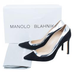 مملوكة مسبقًا حذاء كعب عالي مانولو بلانيك سويدي أسود و جلد ميتاليك BB مقدمة مدببة مقاس 36