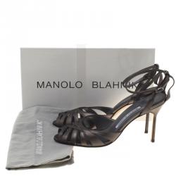 Pre Owned Manolo Blahnik Metallic Grey Leather Fenia Ankle Strap Sandals Size 38