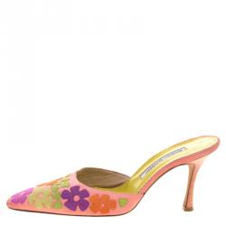 Pre Owned Manolo Blahnik Pink Suede Floral Patchwork Pointed Toe Mules Size 37.5