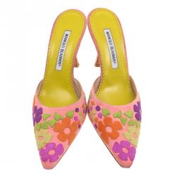 Pre Owned Manolo Blahnik Pink Suede Floral Patchwork Pointed Toe Mules Size 37.5