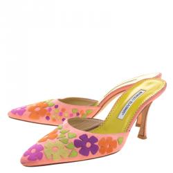 Pre Owned Manolo Blahnik Pink Suede Floral Patchwork Pointed Toe Mules Size 37.5