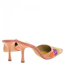 Pre Owned Manolo Blahnik Pink Suede Floral Patchwork Pointed Toe Mules Size 37.5