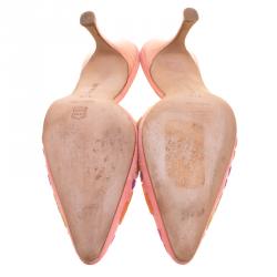 Pre Owned Manolo Blahnik Pink Suede Floral Patchwork Pointed Toe Mules Size 37.5