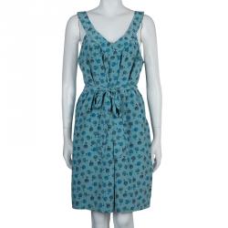 Pre Owned Marc By Marc Jacobs Blue Silk Printed Sleeveless Belted Dress L