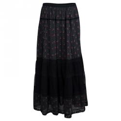 Pre Owned Marc by Marc Jacobs Black Cherry Printed Cotton Lace Insert Tiered Maxi Skirt M