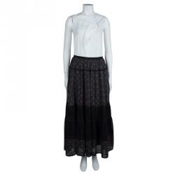 مملوكة مسبقًا Marc by Marc Jacobs Black Cherry Printed Cotton Lace Insert Tiered Maxi Skirt M