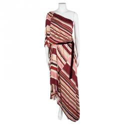 Pre Owned Marc Jacobs Multicolor Striped Silk Knit One Shoulder Belted Dress M