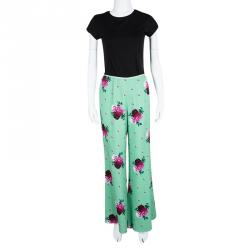 Pre Owned Marc Jacobs Green Floral Printed Crepe High Waist Wide Leg Pants M