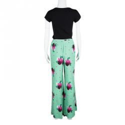 Pre Owned Marc Jacobs Green Floral Printed Crepe High Waist Wide Leg Pants M