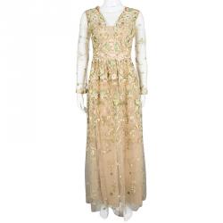 Marchesa Notte Beige Floral Embroidered Long Sleeve Tulle Gown S