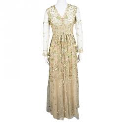 Marchesa Notte Beige Floral Embroidered Long Sleeve Tulle Gown S