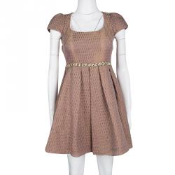 Marchesa Notte Metallic Pink Brocade Embellished Cocktail Dress XS