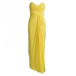Marchesa Notte Yellow Silk Chiffon Strapless Ruched Gown S
