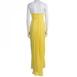 Marchesa Notte Yellow Silk Chiffon Strapless Ruched Gown S