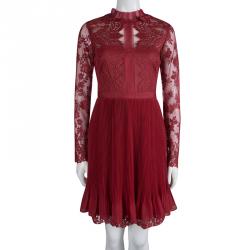 Marchesa Notte Red Lace Plisse Skirt Detail Dress M