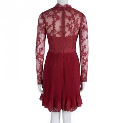 Marchesa Notte Red Lace Plisse Skirt Detail Dress M