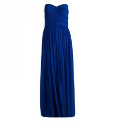 Marchesa Notte Blue Silk Draped  Strapless Maxi Dress M