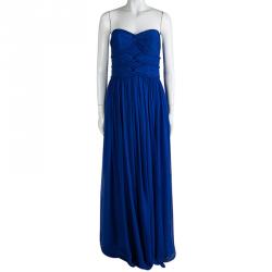 Marchesa Notte Blue Silk Draped  Strapless Maxi Dress M