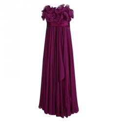Marchesa Burgundy Silk Ruffle Detail Draped Strapless Gown M