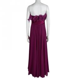 Marchesa Burgundy Silk Ruffle Detail Draped Strapless Gown M