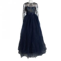 Marchesa Notte Navy Blue Floral Lace Long Sleeve Tulle Gown M