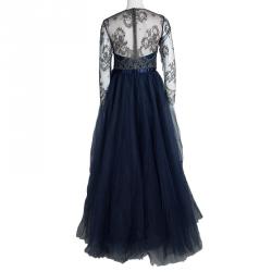 Marchesa Notte Navy Blue Floral Lace Long Sleeve Tulle Gown M