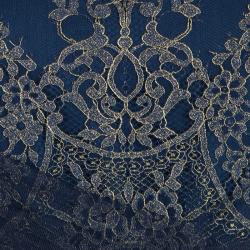 Marchesa Notte Navy Blue Floral Lace Long Sleeve Tulle Gown M