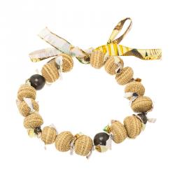 Pre Owned Marni Beige Wood Beads Fabric Tie Ribbon Necklace One Size