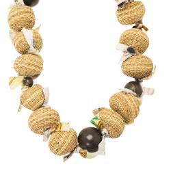 Pre Owned Marni Beige Wood Beads Fabric Tie Ribbon Necklace One Size