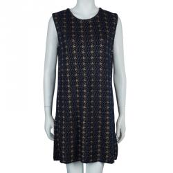 Pre Owned Marni Navy Blue Houndstooth Lurex Wool Sleeveless Dress M