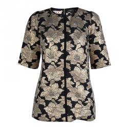 Pre Owned Marni Black Floral Lurex Jacquard Short Sleeve Tunic M